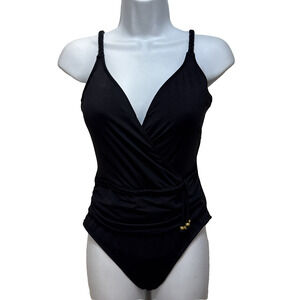Bleu Rod Beattie Women Glam Stand One Piece Swimsuit Size 8 Black V-Neck Braided